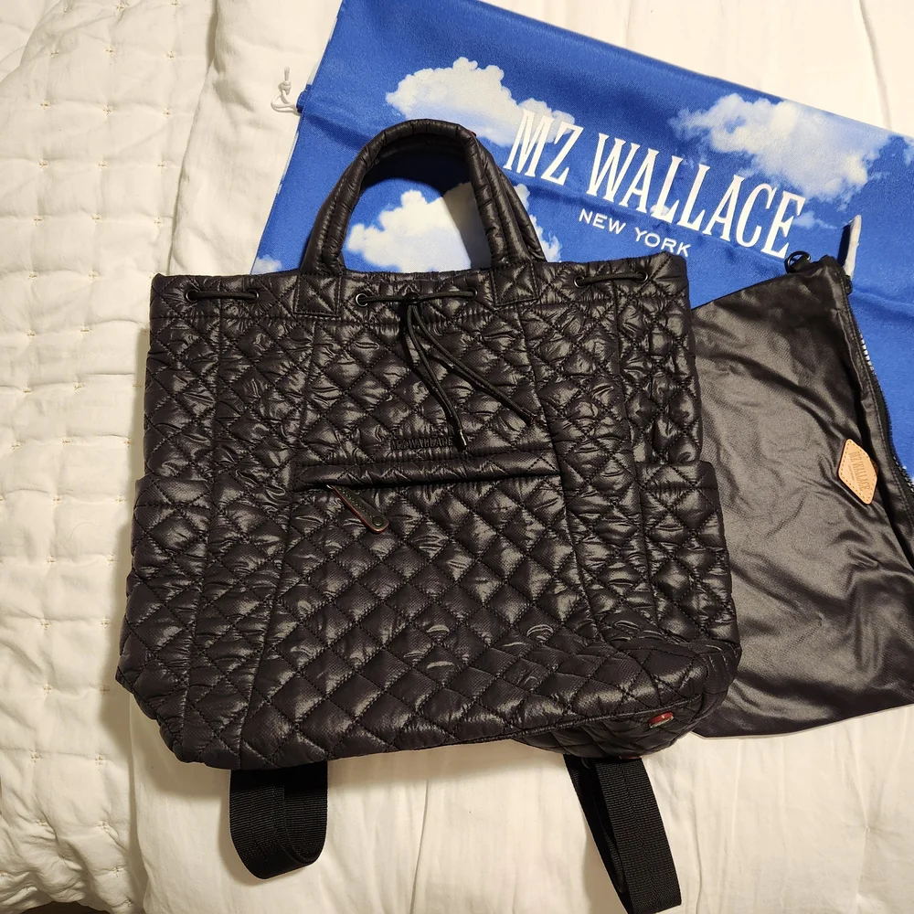 MZ WALLACE Metro Convertible Black Quilted Nylon Leather Trim Backpack - Picture 4 of 15